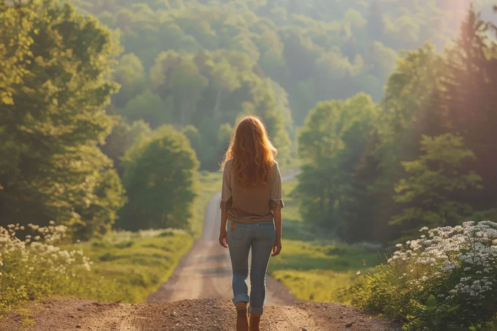 Frau geht einen staubigen Weg in der Natur, umgeben von Bäumen und Wiesen, symbolisiert Selbstfindung, Reise und den Weg zur persönlichen Freiheit.