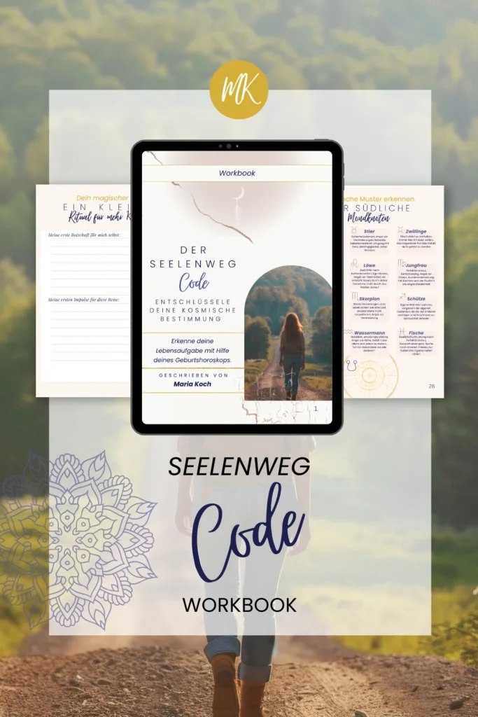 „Seelenweg-Code“ Workbook, zeigt das Cover des Workbooks und Beispielseiten. Symbolisiert den Zugang zur Bestellung und zum Erwerb des Workbooks.