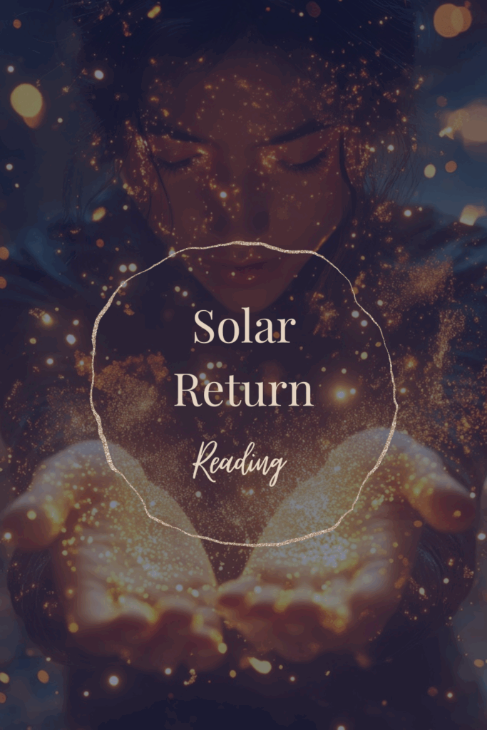 Spirituelle Darstellung einer Frau mit leuchtenden Händen – Solar Return Reading für astrologische Jahresanalyse