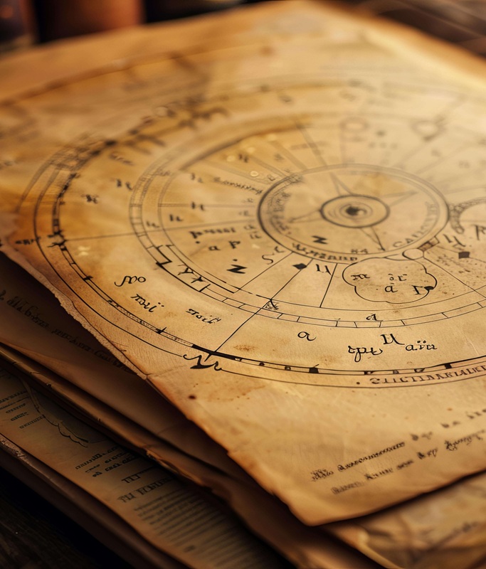 Alte astrologische Karte mit Tierkreiszeichen und Planeten, auf vergilbtem Papier, auf einem Stapel antiker Dokumente liegend