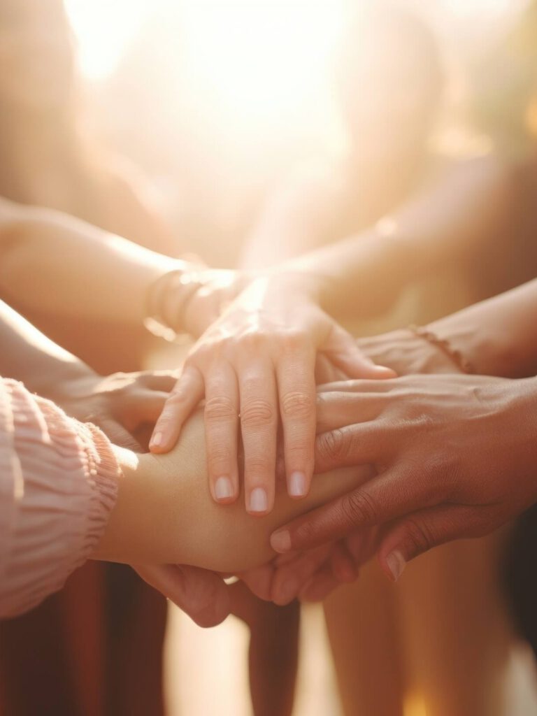 Nahaufnahme mehrerer unterschiedlichster Menschen, die ihre Hände übereinanderlegen, symbolisiert Zusammenarbeit, Gemeinschaft und Vielfalt.