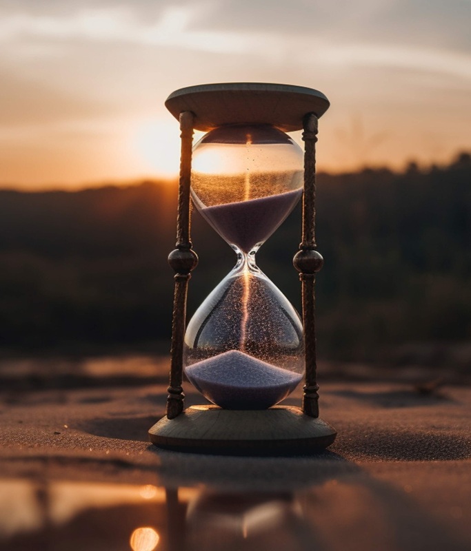 Sanduhr auf sandigem Untergrund im warmen Licht des Sonnenaufgangs, symbolisch für Zeit, Wandel und Neubeginn