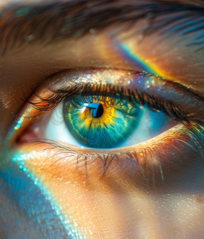 Makroaufnahme eines Auges mit lebhaften blauen und gelben Farben, umgeben von Regenbogenreflexionen und funkelnden Lichtern – Symbol für kosmische Farbberatung und Energie