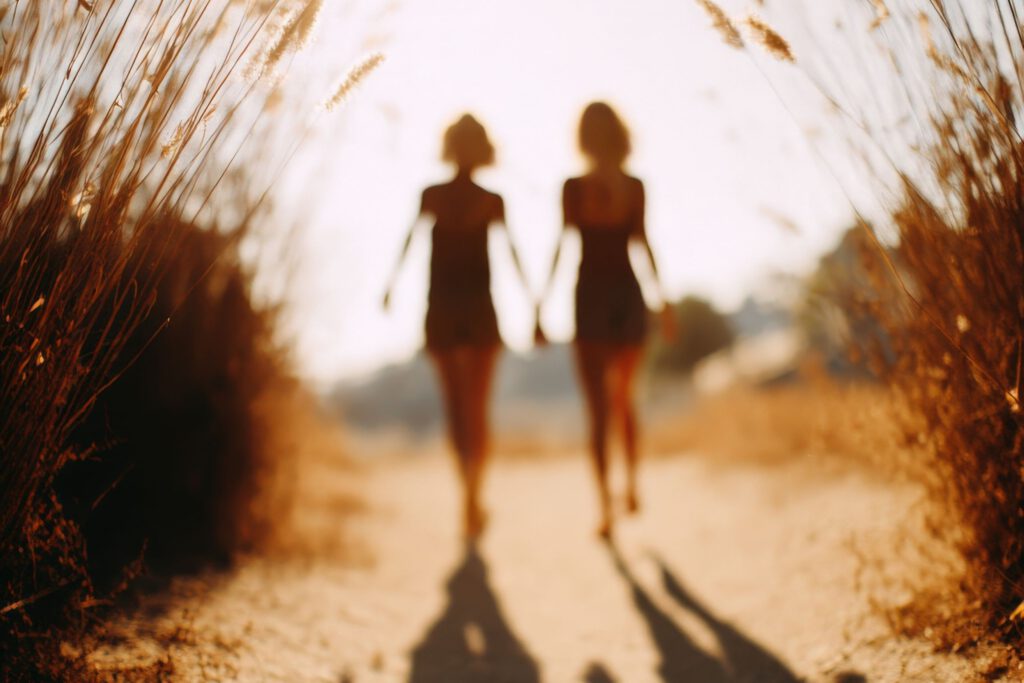 Zwei Personen gehen Hand in Hand auf einem sonnigen Weg durch hohe Gräser