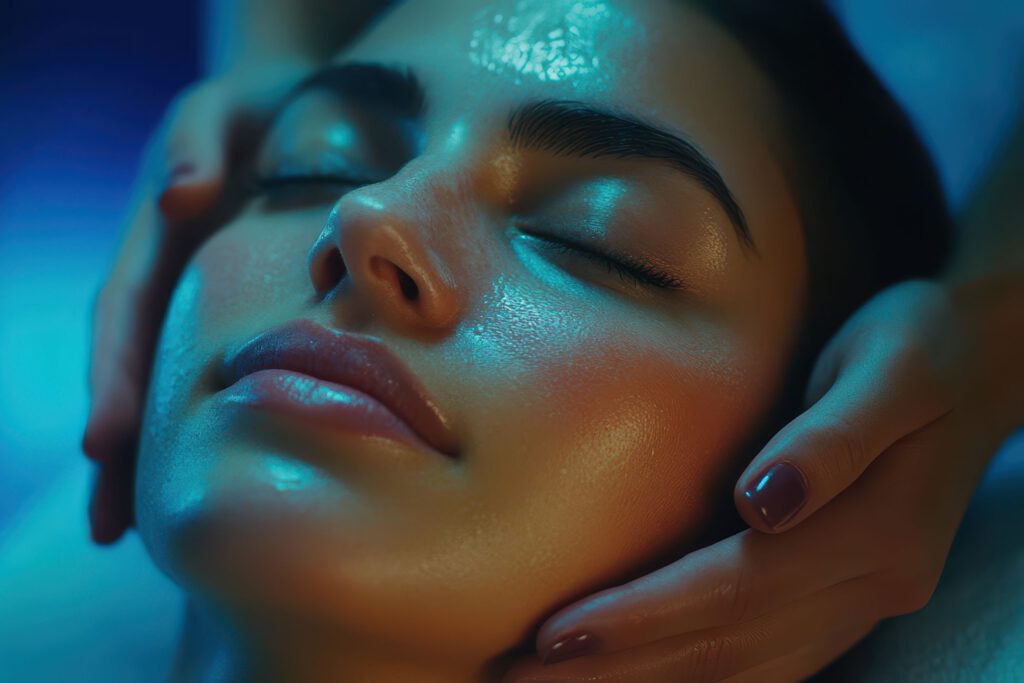 Frau mit geschlossenen Augen genießt eine entspannende Gesichtsmassage im Spa