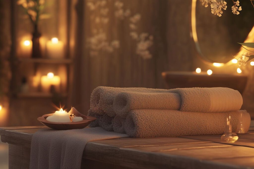 Gemütliche Spa-Atmosphäre mit aufgerollten Handtüchern, brennenden Kerzen und entspannendem Ambiente