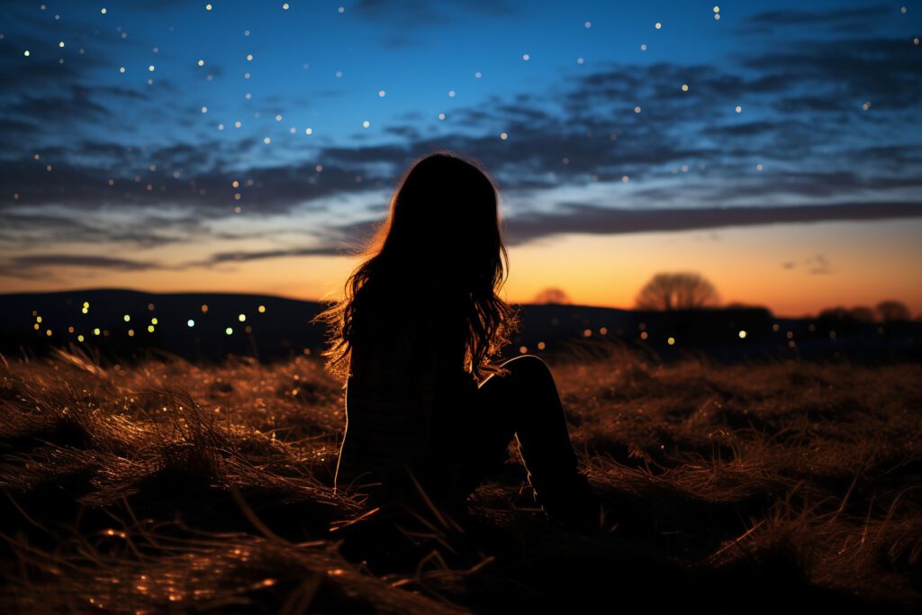 Frau sitzt auf einem Feld und blickt in den Sternenhimmel bei Sonnenuntergang