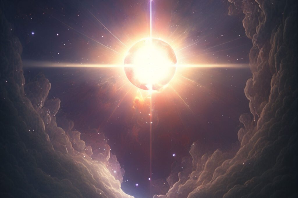 Illustration des Sonnensystems mit leuchtender Sonne im Zentrum und Planeten im Weltraum