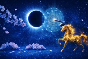 Neumond-Sonnenfinsternis im Sternenhimmel mit Tierkreisrad, goldener Pferdefigur und kosmischer Aktivierung