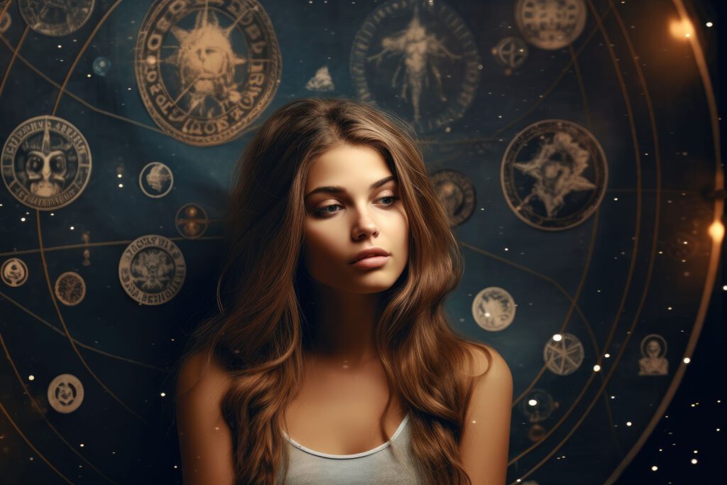 Frau vor astrologischem Hintergrund mit Sternenkreis und Tierkreiszeichen – Symbol für Schicksal und kosmische Ausrichtung