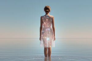 Frau in leuchtendem, funkelndem Kleid steht ruhig im Wasser – Symbol für innere Klarheit und Seelenlicht